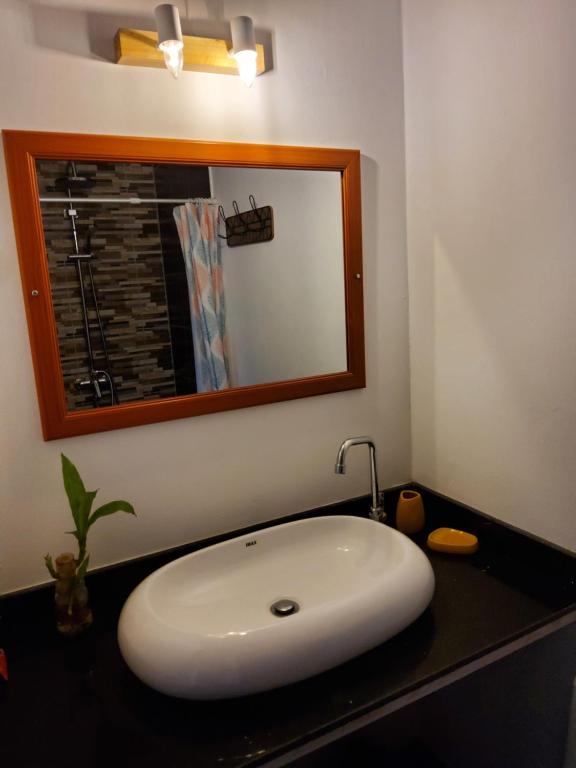 a bathroom with a white sink and a mirror at Labrize Studio in La Gaulette