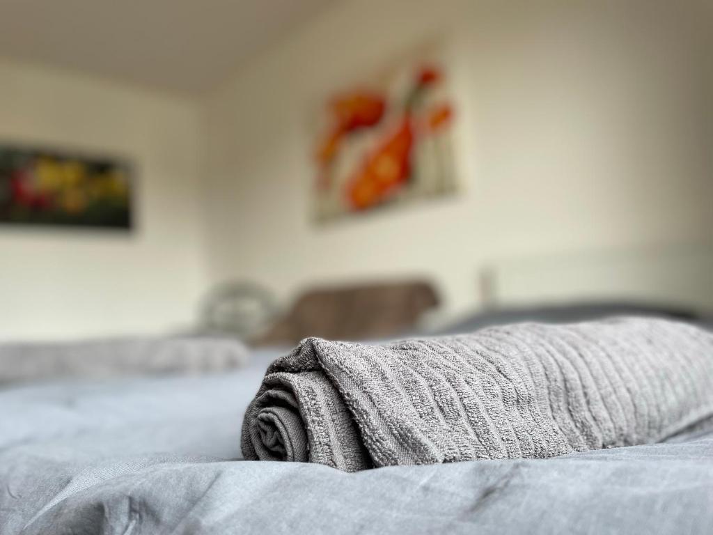 uma toalha sentada em cima de uma cama em Schöne einfache Ferienwohnung mitten in Oldenburg em Oldenburg