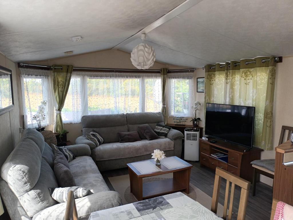 a living room with a couch and a tv at La Chanterie Agréable Mobil-Home Résidentiel Normand in Saint-Pair-sur-Mer