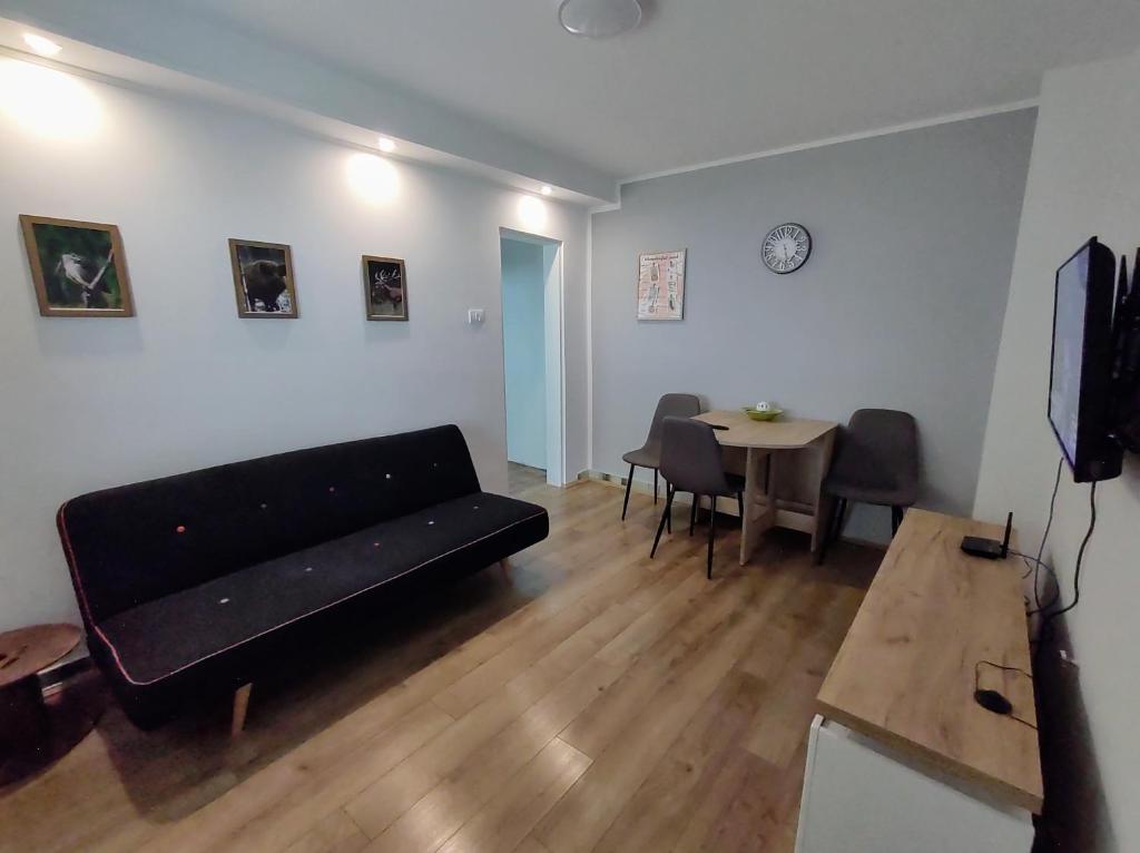 a living room with a black couch and a table at Apatin apartman in Apatin