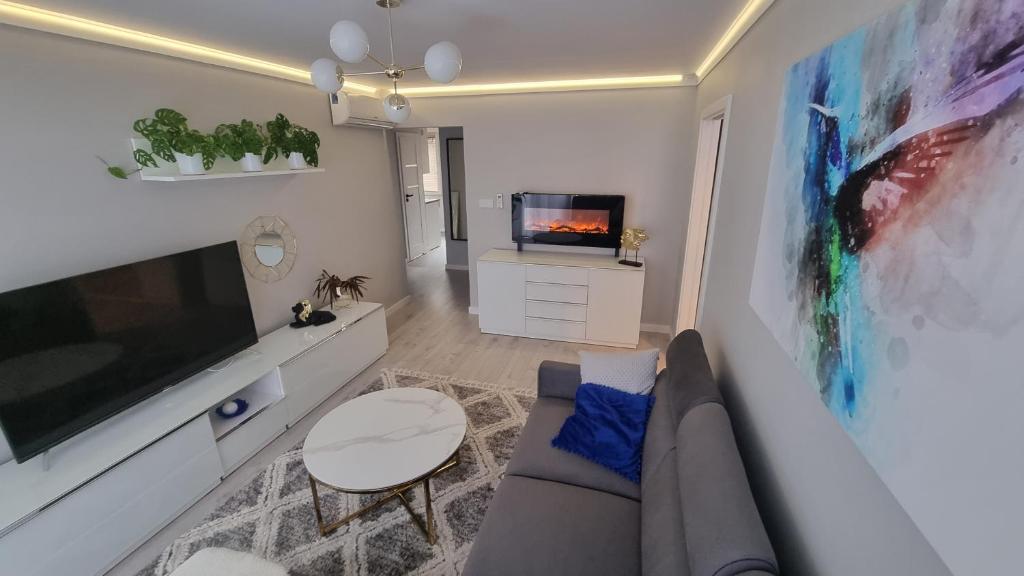 uma sala de estar com um sofá e uma televisão de ecrã plano em Apartament ZACISZE em Jarosław