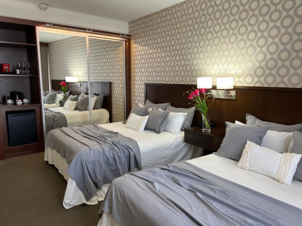 ブエノスアイレスにあるian Hotelのベッド2台と鏡が備わるホテルルームです。