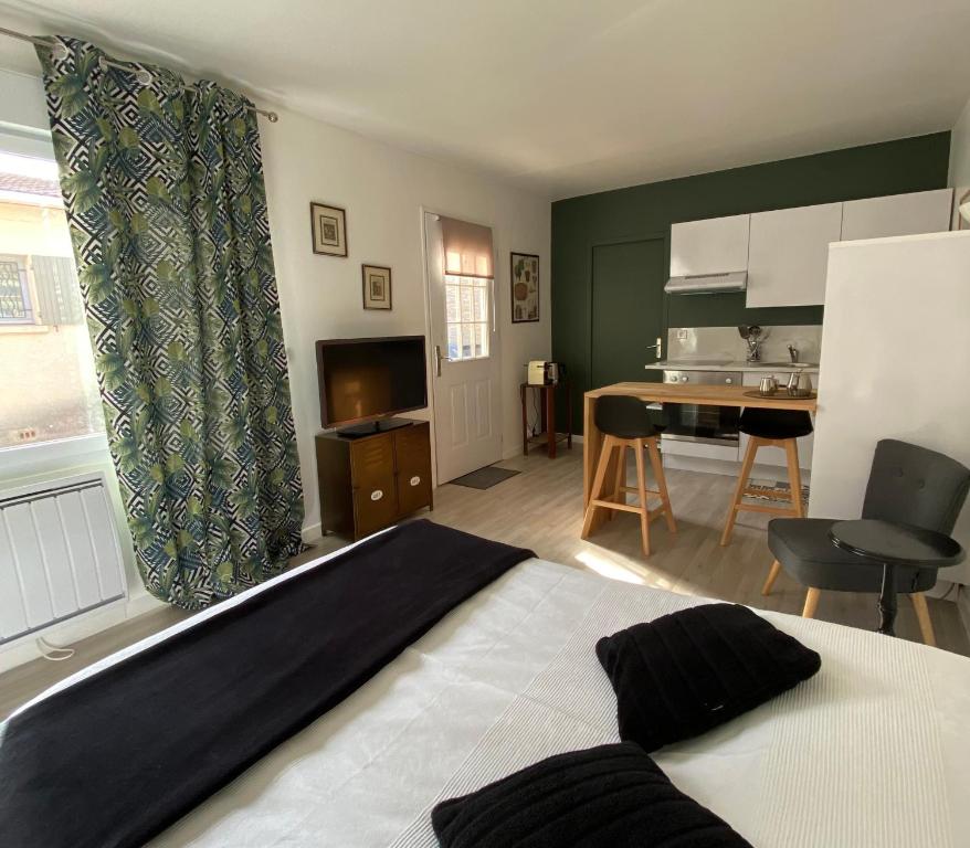 1 Schlafzimmer mit einem großen Bett und einer Küche in der Unterkunft Studio climatisé dans un ancien domaine viticole in Montpellier