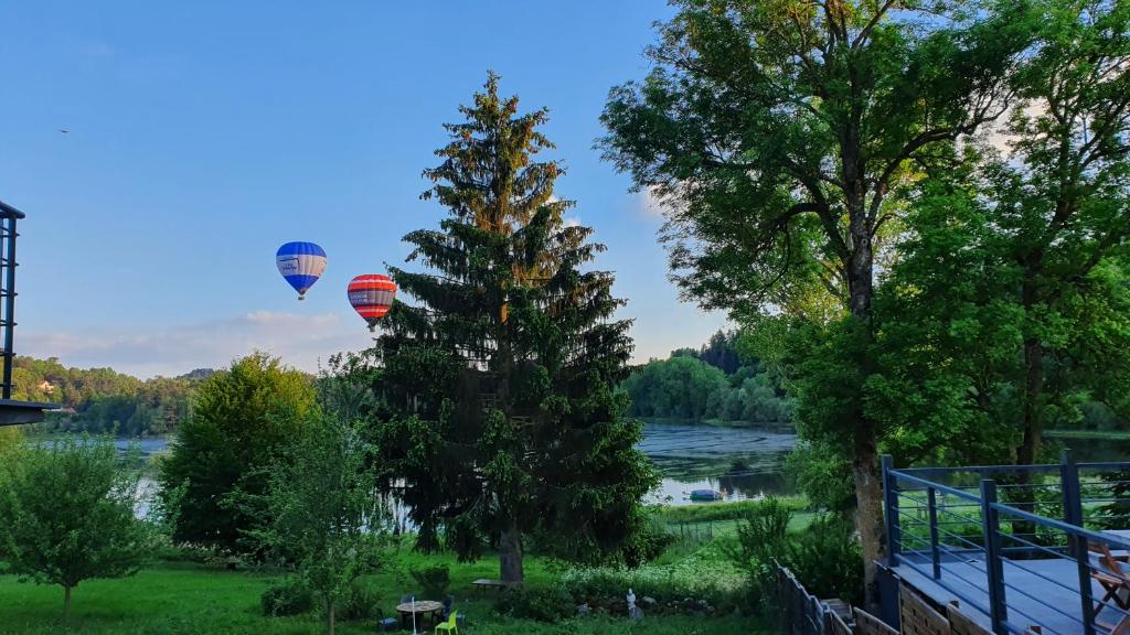 twee luchtballonnen die over een rivier vliegen bij Gite Puy De Dôme in Aydat