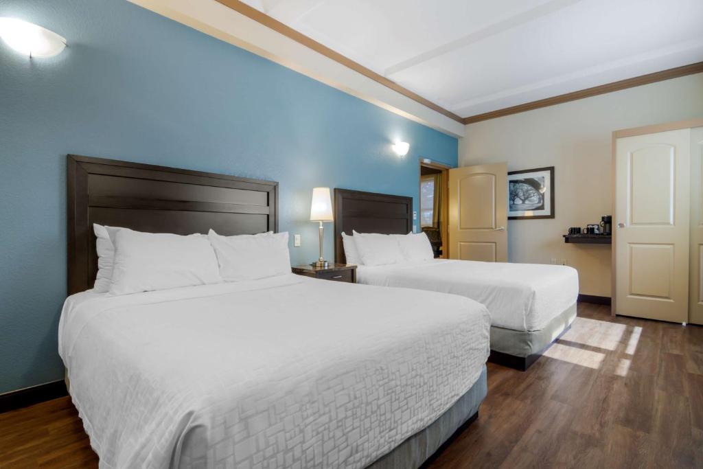 2 letti in una camera d'albergo con pareti blu di Best Western Plus Kamloops Hotel a Kamloops