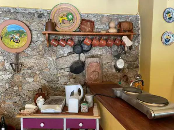 - une cuisine avec un mur en pierre et des étagères en bois dans l'établissement Quinta do Borges 2, à Guarda