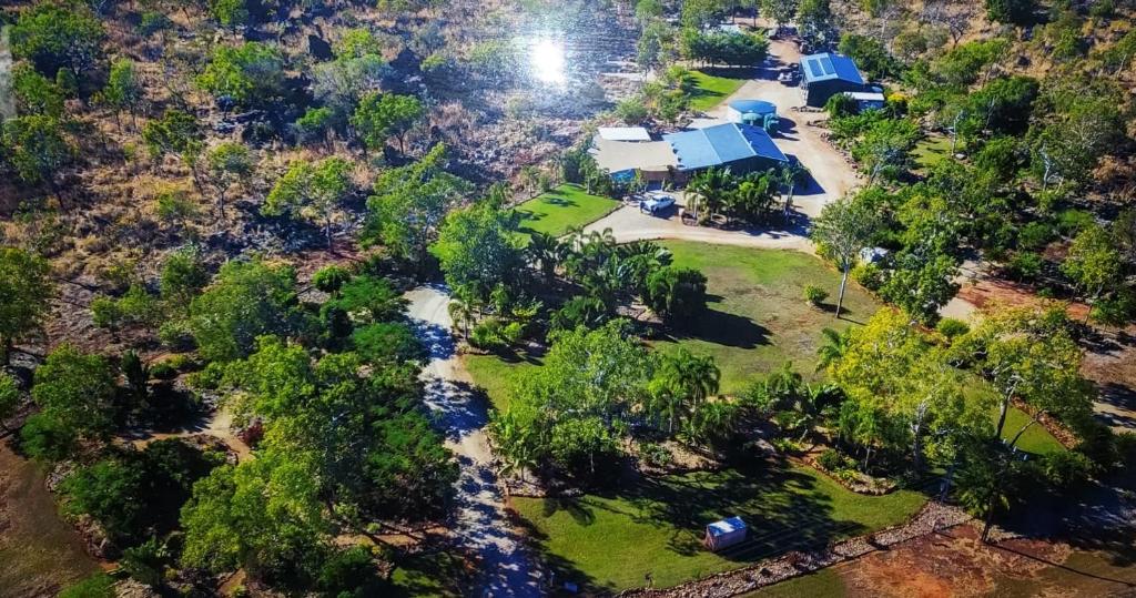 an aerial view of a house with a yard at Almost Off Grid Tranquillity in Katherine