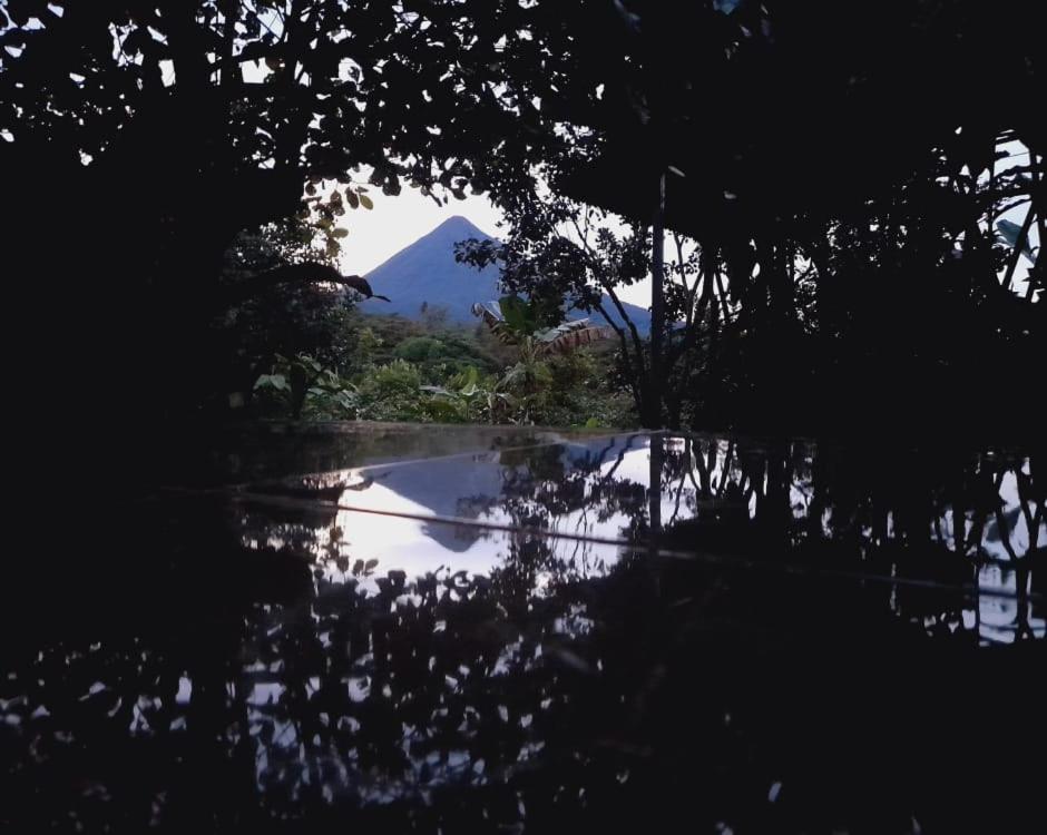 a view of a mountain from a pool of water at Cabaña Rural Pura Vida in Fortuna
