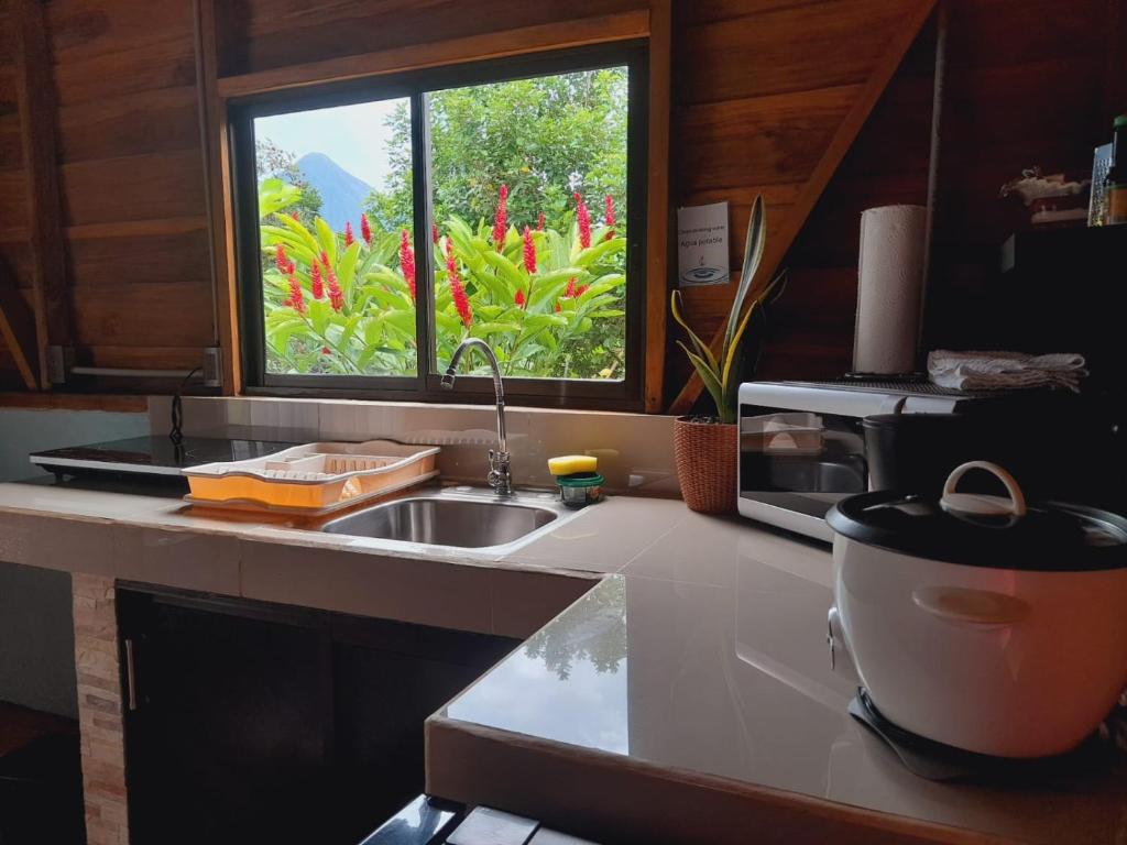 a kitchen counter with a sink and a window at Cabaña Rural Ave del Paraíso in Fortuna