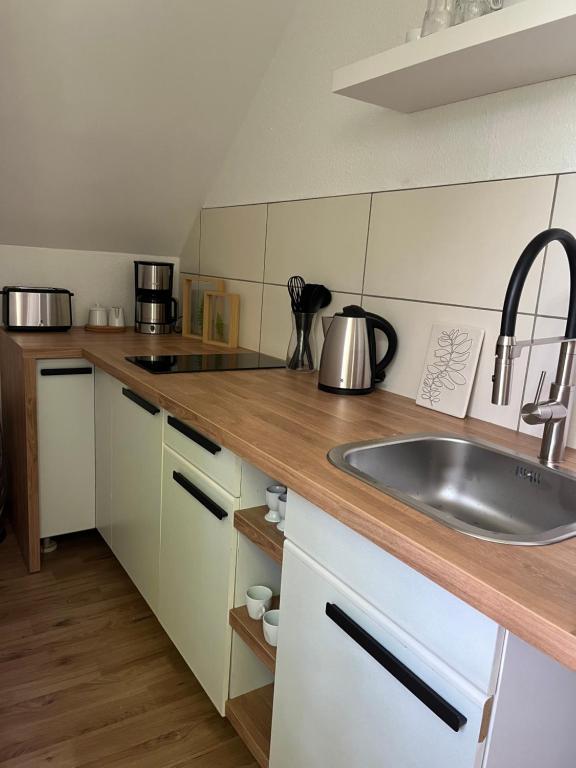 eine Küche mit einer Spüle und einer Arbeitsplatte in der Unterkunft Deich Connect 9.4 in Dorum Neufeld