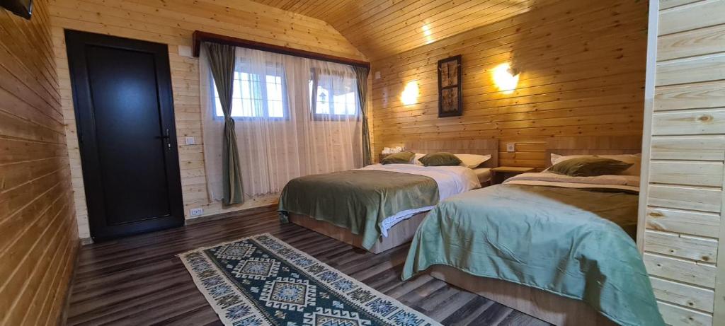 two beds in a room with wooden walls at Baltina Parc Transfagarasan in Curtea de Argeş