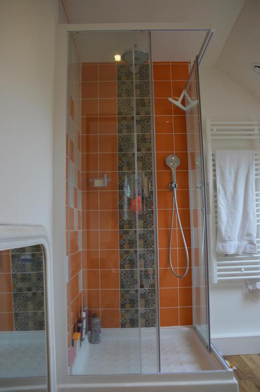 La salle de bains est pourvue d'une douche avec du carrelage orange. dans l'établissement Chambre, spa, petit déjeuner, à Le Buet