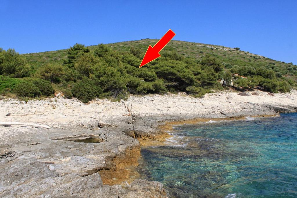 una flecha roja apuntando a la orilla de un cuerpo de agua en Secluded fisherman's cottage Cove Ripisce, Dugi otok - 394 en Brbinj