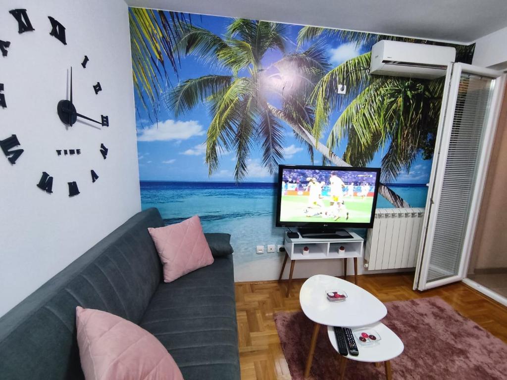 ein Wohnzimmer mit einem Sofa und einem TV mit einem Palmenmilch in der Unterkunft RELAX in Požarevac