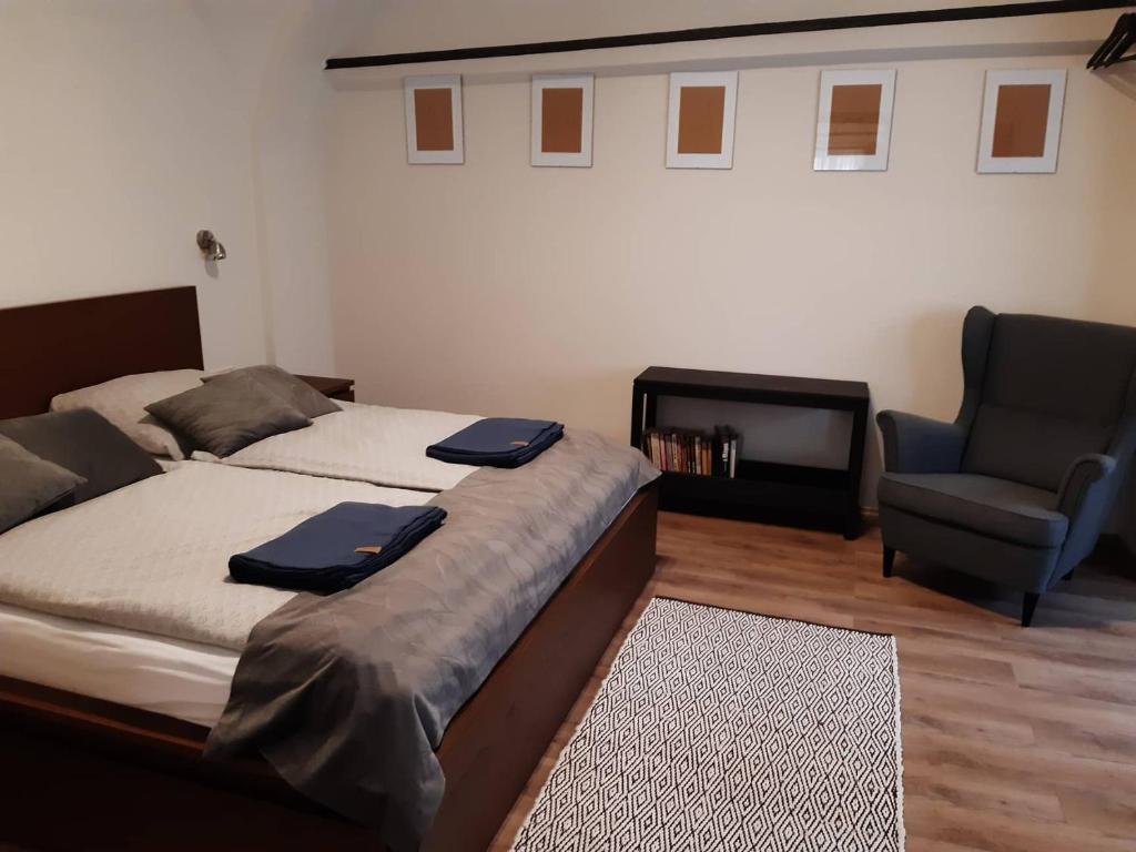 1 dormitorio con 1 cama y 1 silla en 5Churches Apartment en Győr