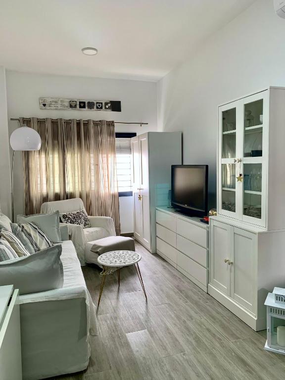 salon z kanapą i telewizorem w obiekcie Apartamento en el Centro con Parking w mieście Tarifa