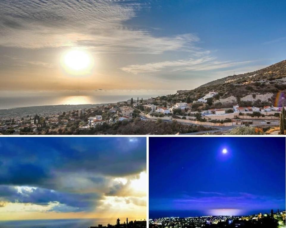 three different views of a city and the sun at Panoramic Holidays - Standard 50 in Peyia