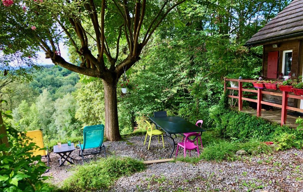 une table de pique-nique et des chaises devant un arbre dans l'établissement La cabane des coteaux, à Gan