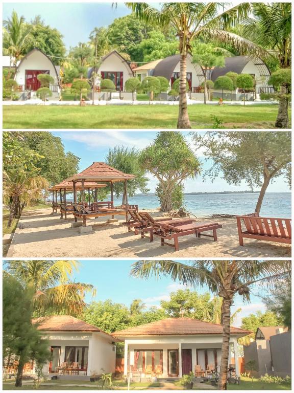two pictures of a park with a bench and a pavilion at Nusa Indah Bungalows in Gili Islands