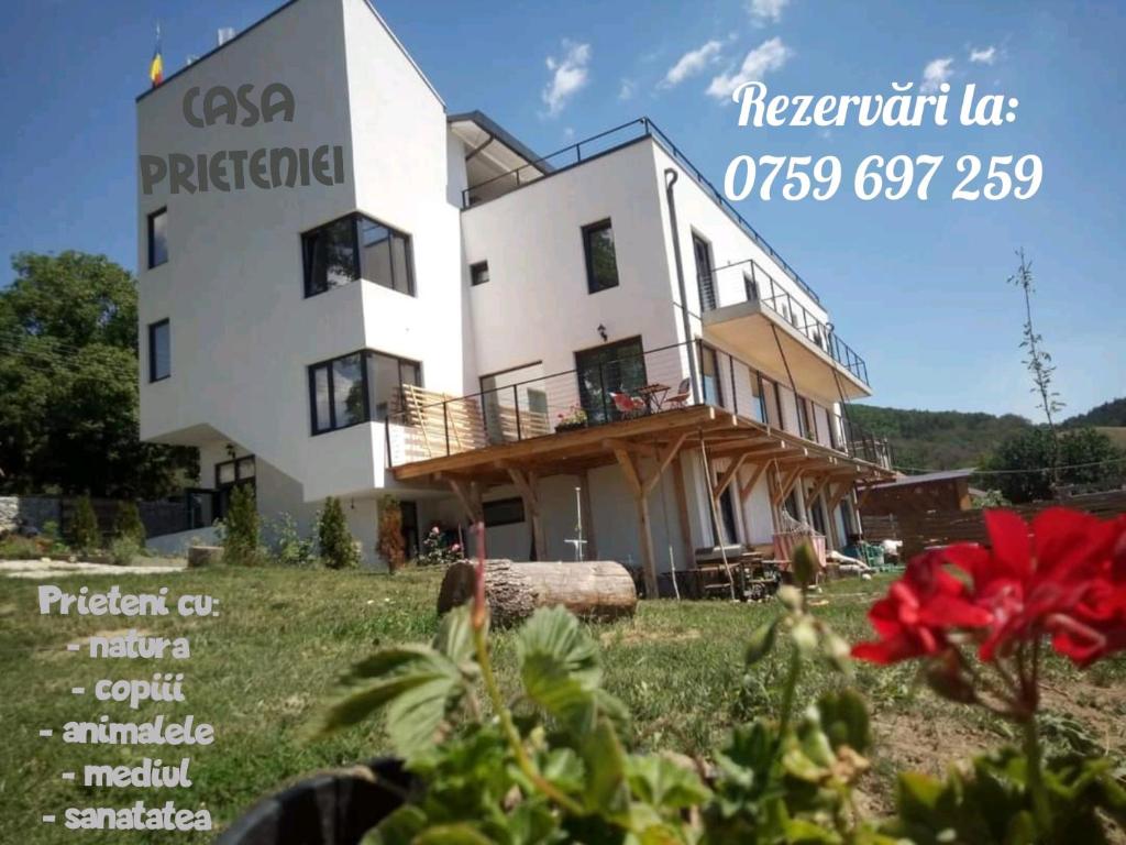 ein weißes Gebäude mit einer roten Blume davor in der Unterkunft Casa Prieteniei - camere - 3 km Piatra Neamț in Piatra Neamţ