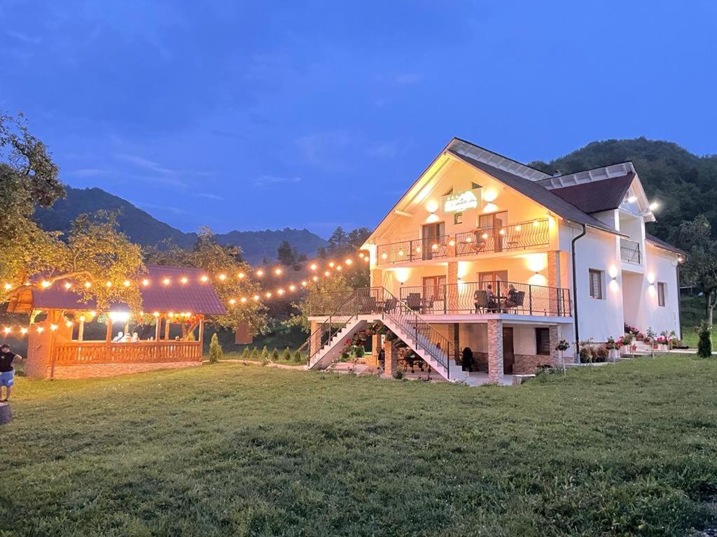 una casa grande con luces en un patio por la noche en PENSIUNEA HAI IN MARAMURES, en Bîrsana