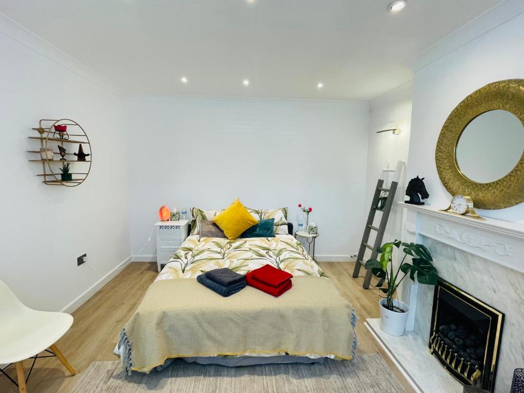 um quarto com uma cama e um espelho na parede em Rooms in a beautiful house with free on St parking em Hove