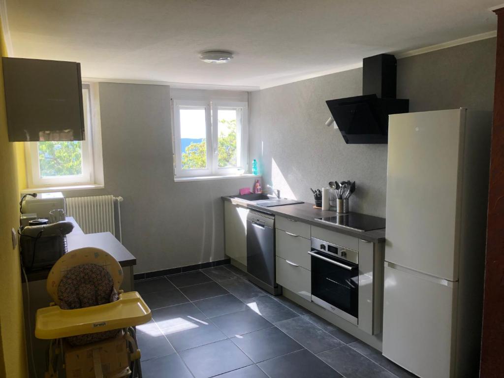 uma pequena cozinha com um frigorífico e um fogão em gîte de montagne au pied du Champ du Feu (Alsace) em Belmont