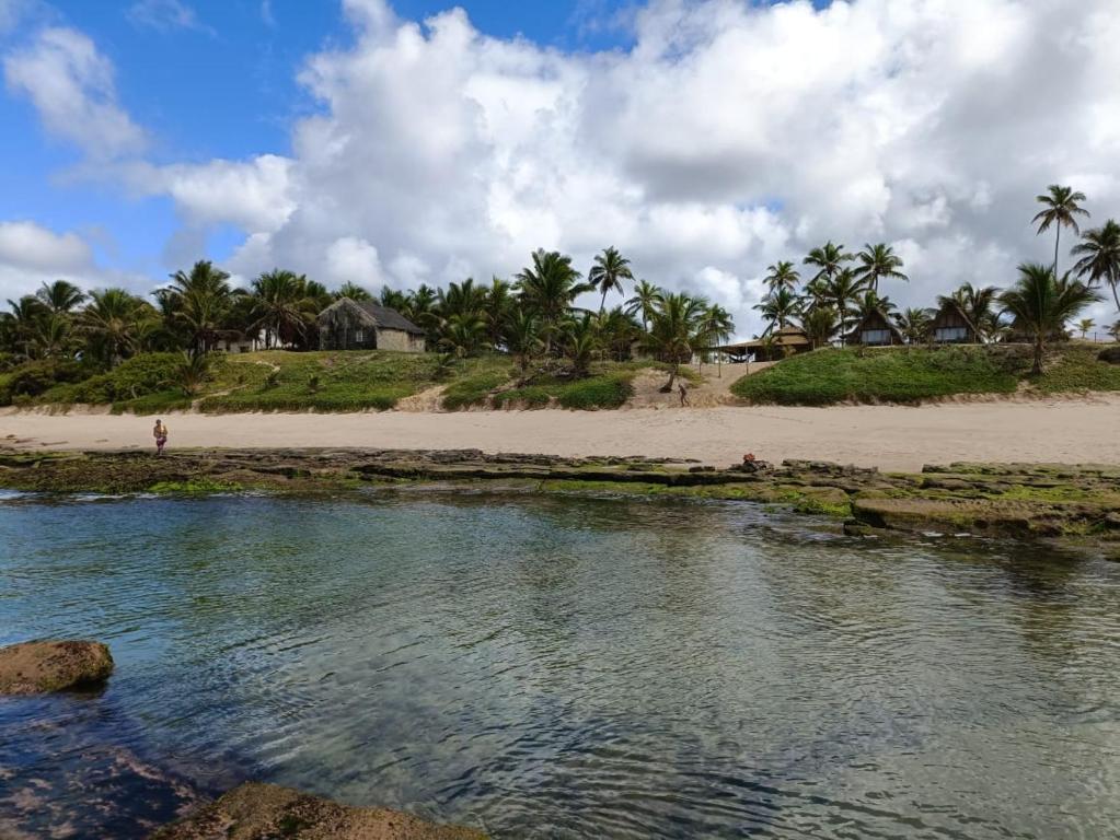 a beach with palm trees in the distance at Flor da Aldeia Eco Hospedaria in Camaçari