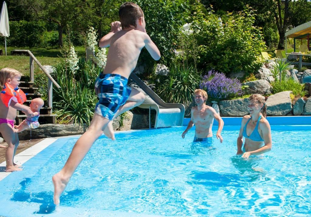 um grupo de pessoas brincando em uma piscina em Familienhotel Post em Millstatt