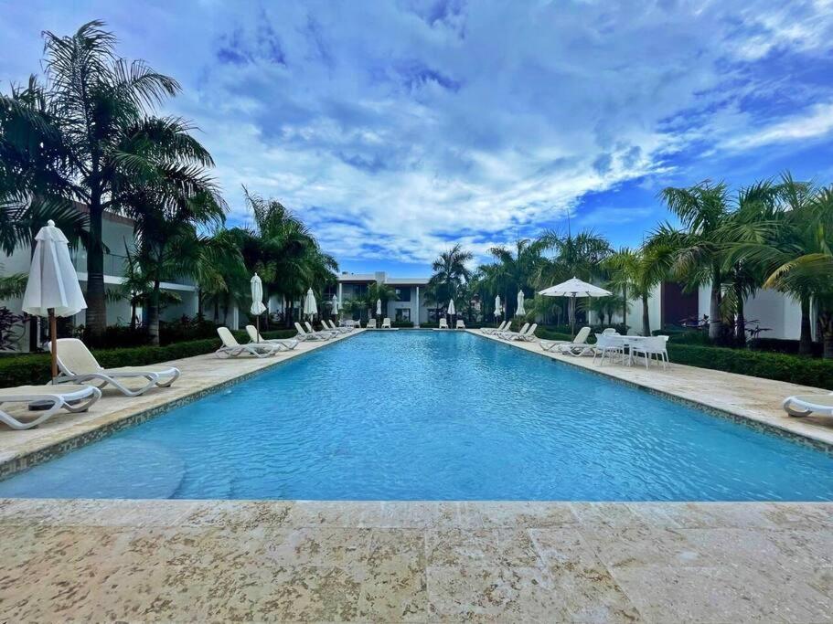 een zwembad met stoelen, parasols en palmbomen bij Boca Paraiso in Boca Chica