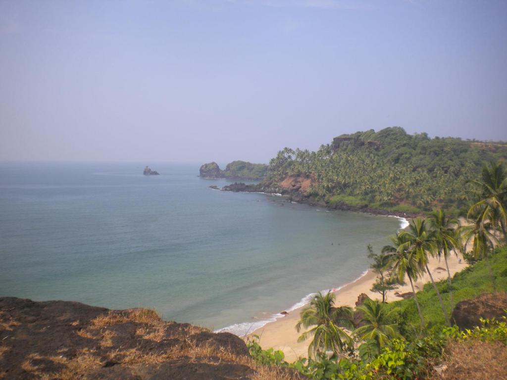a view of a beach with palm trees and the ocean at Cabo De Rama Cottage in Cola