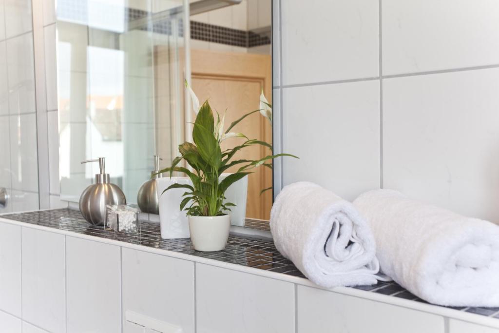 Baño con toallas en una encimera con espejo en Gasthaus zum Halbmond, en Speyer