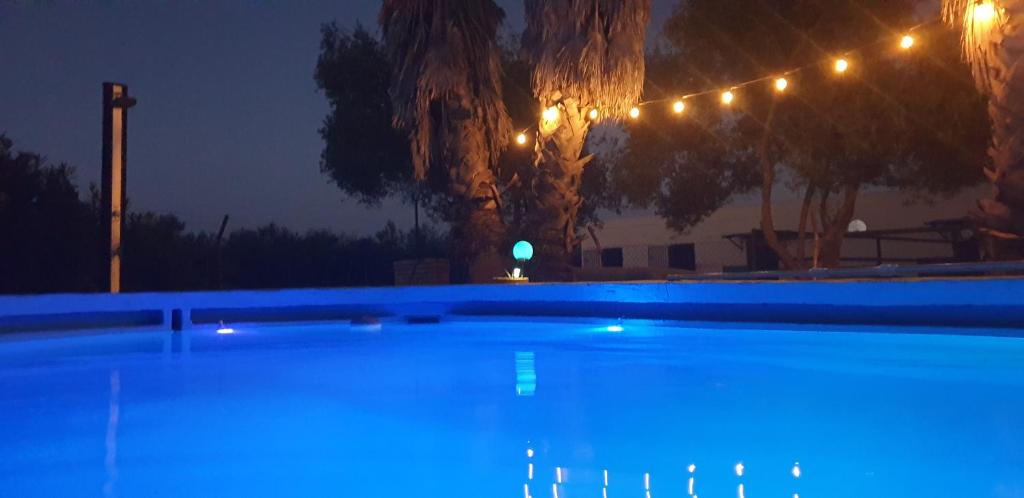 una piscina por la noche con luces sobre ella en Finca-Vallestares, en Almonte