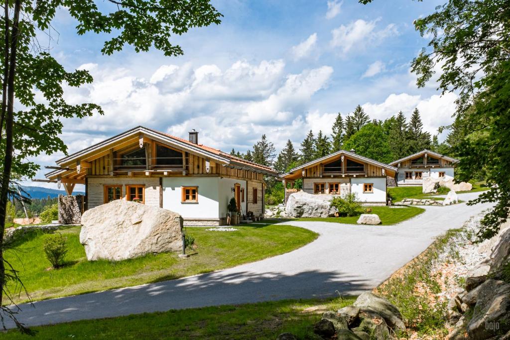 Dreisessel-Chalets im bayerischen Wald في هايدموهله: منزل في الغابة مع ممر
