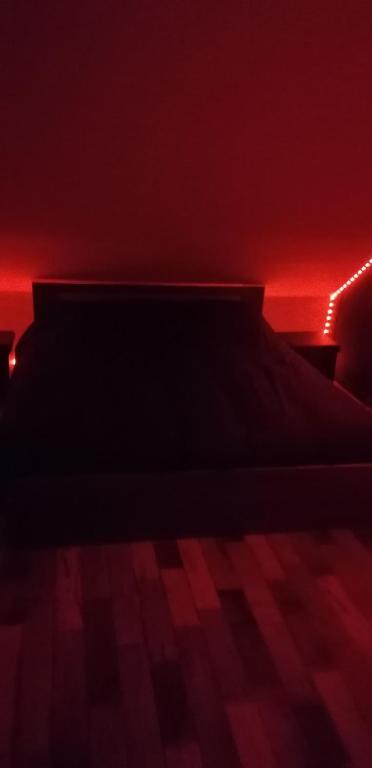 1 cama en una habitación oscura con luces rojas en chambre à 800 mètres du mythique virage de Mulsanne, en Mulsanne