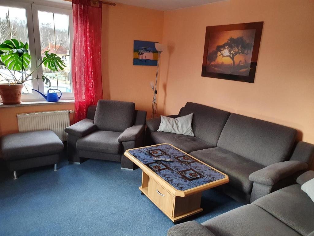 un salon avec deux canapés et une table basse dans l'établissement Apartment mit Balkon, à Dresde