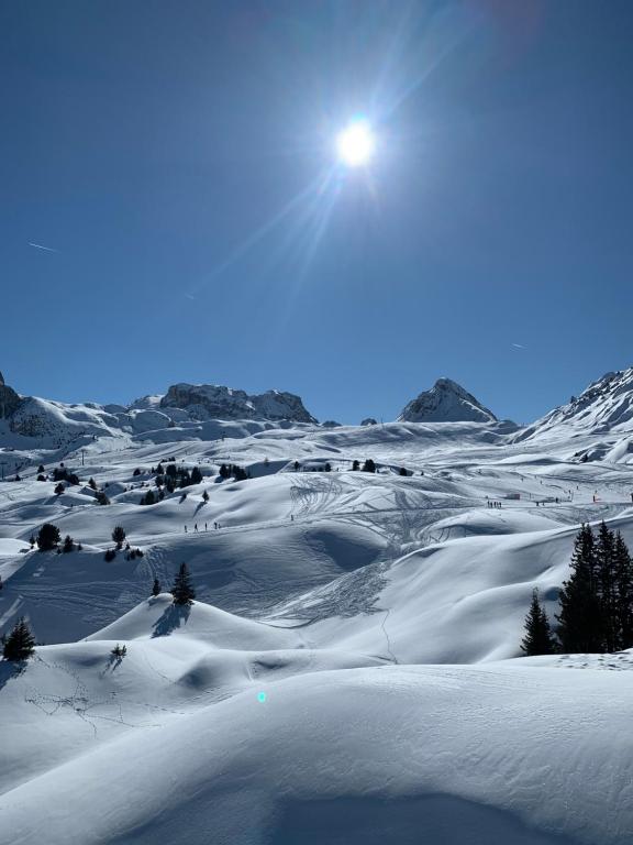 Une montagne enneigée avec le soleil dans le ciel dans l'établissement Bel appartement ski aux pieds Plagne Bellecôte, à Plagne Bellecôte
