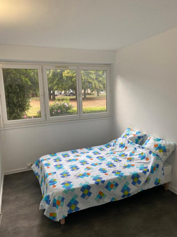 a bedroom with a bed and two windows at Bel appartement spacieux, lumineux avec parking in Ris-Orangis