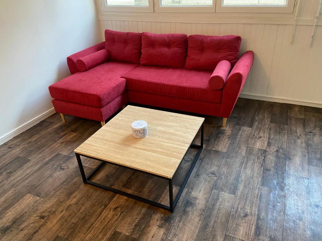 a living room with a red couch and a coffee table at Bel appartement spacieux, lumineux avec parking in Ris-Orangis