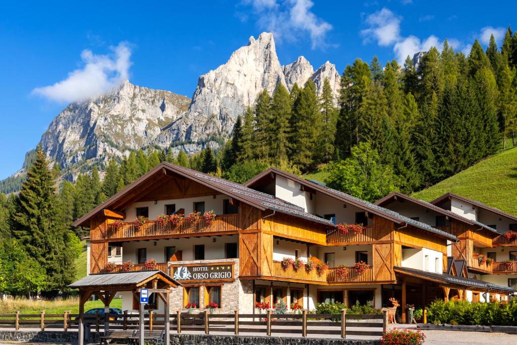 un hotel con una montagna sullo sfondo di Hotel Orso Grigio a Pescul