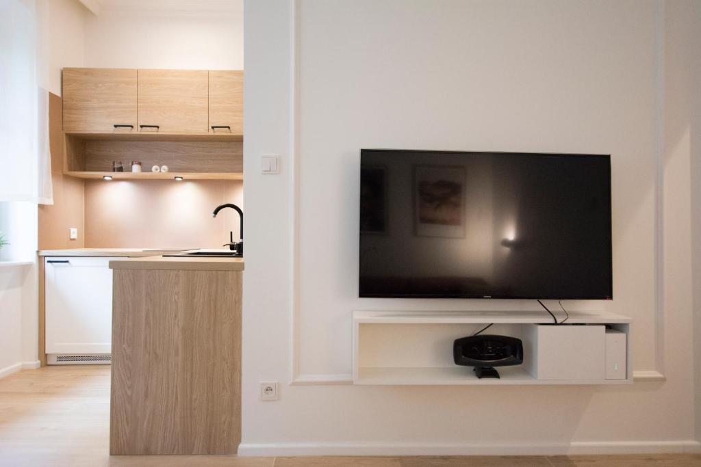 a living room with a flat screen tv on a wall at Apartament Grzaniec in Szklarska Poręba