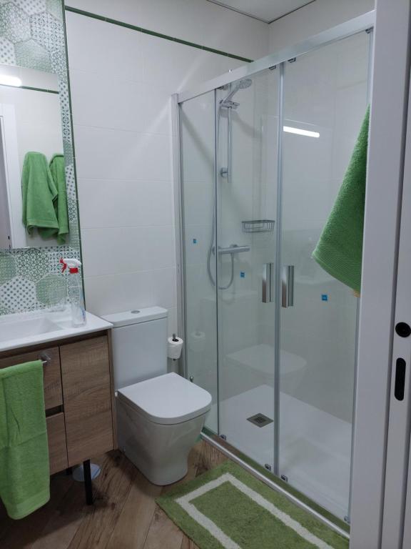uma casa de banho com um chuveiro, um WC e um lavatório. em Avocado Suite by Alhaurín Loft City Center em Alhaurín de la Torre