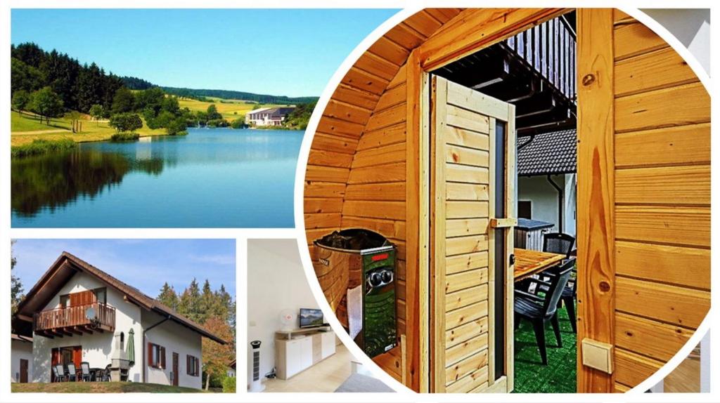 a collage of two pictures of a house and a door at Ferienhaus Vera in Kirchheim