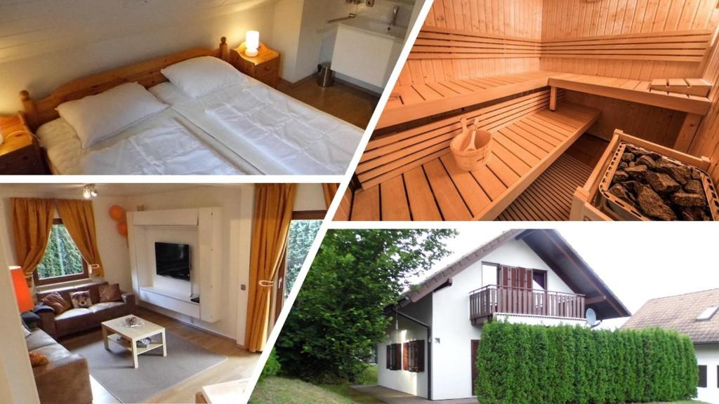 uma colagem de fotos de um quarto e uma casa em Ferienhaus Viola em Kirchheim