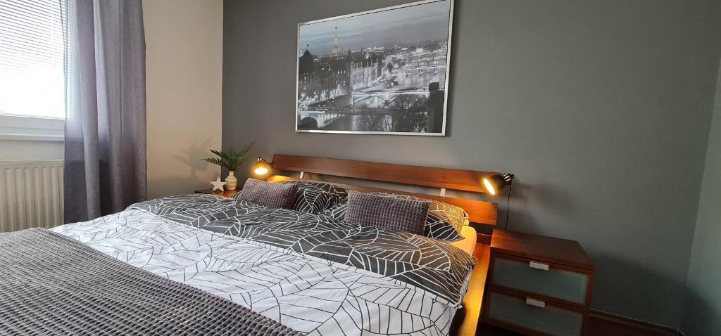 ein Schlafzimmer mit einem Bett mit einem Bild an der Wand in der Unterkunft Apartmán P+Z in Znojmo