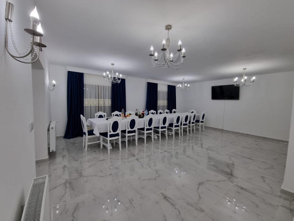 a white room with a long table and chairs at Pensiunea Sofia in Onceşti