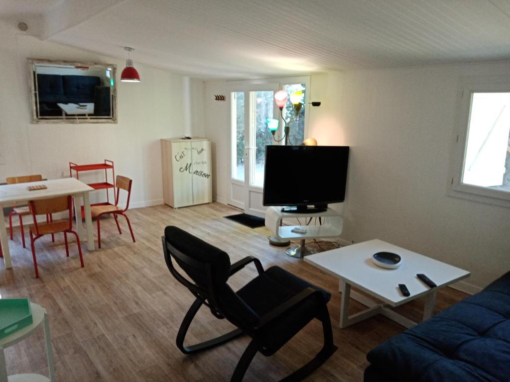 salon z kanapą, telewizorem i stołem w obiekcie Chalet Agréable, à proximité du centre historique, Golf Academy w mieście Villeneuve-lès-Avignon