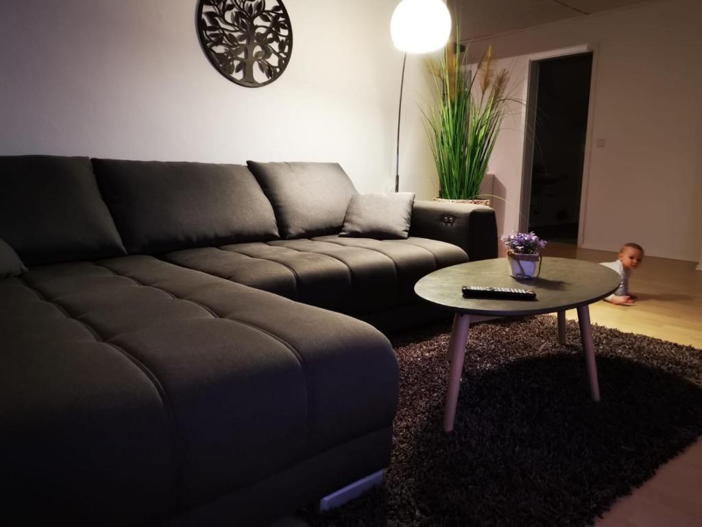 a living room with a couch and a table at Ferienwohnung am Kirchfeld in Rotthalmünster