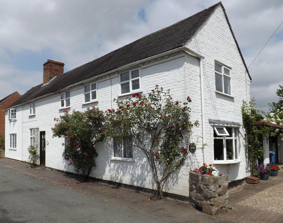 Una casa blanca con un árbol delante. en White Cottage Bed and Breakfast, en Seisdon