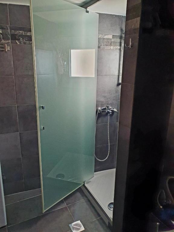 prysznic ze szklanymi drzwiami w łazience w obiekcie Success's Apartment w Atenach